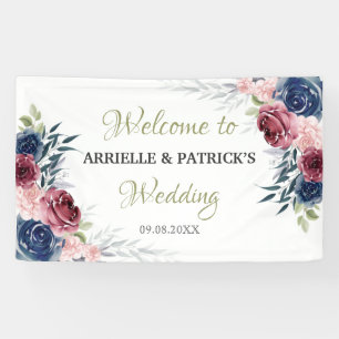 Navy Blue Floral Rose Blush Pink Wedding Backdrop Banner
