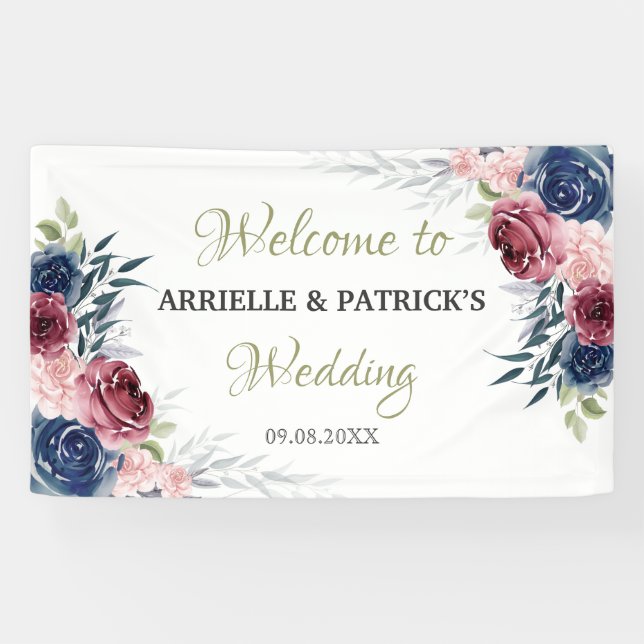 Navy Blue Floral Rose Blush Pink Wedding Backdrop Banner (Horizontal)