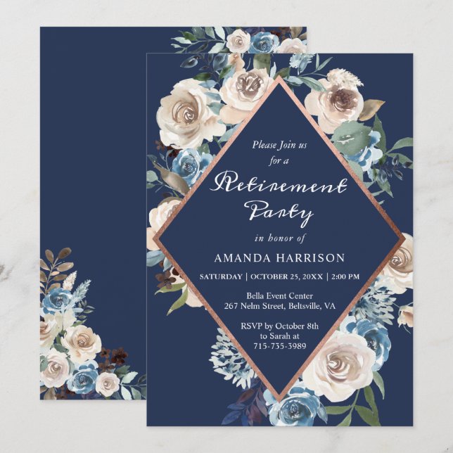 Navy Blue Floral Rose Gold Frame Retirement Party Invitation (Front/Back)