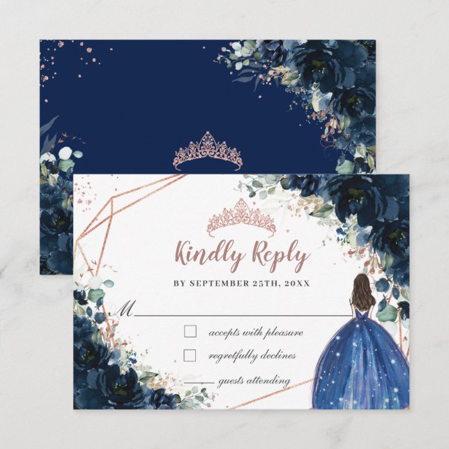 Navy Blue Floral Rose Gold Princess Quinceañera  RSVP Card (Front/Back)