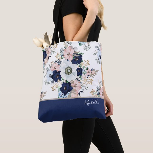 Navy Blue Floral Rose with Name Tote Bag (Close Up)