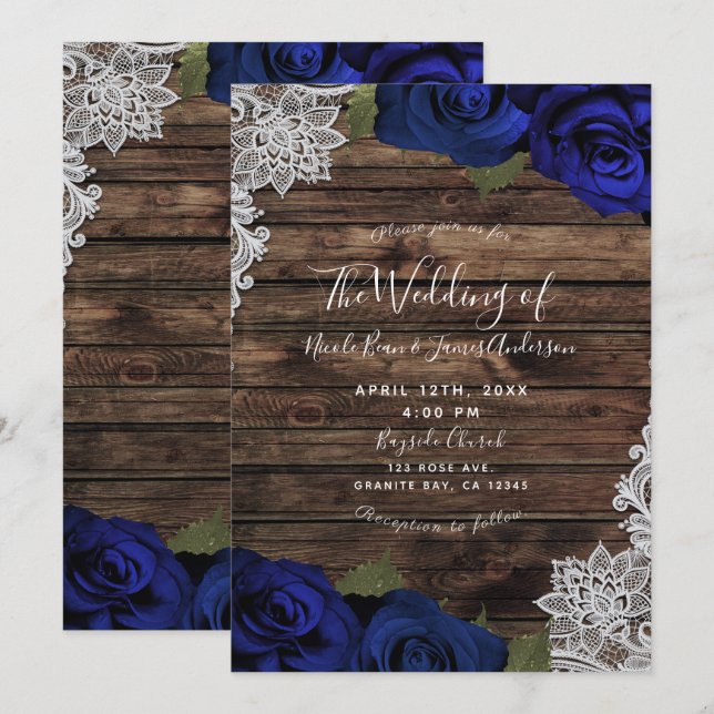 Navy Blue Floral Roses Rustic Wood Lace Wedding Invitation (Front/Back)