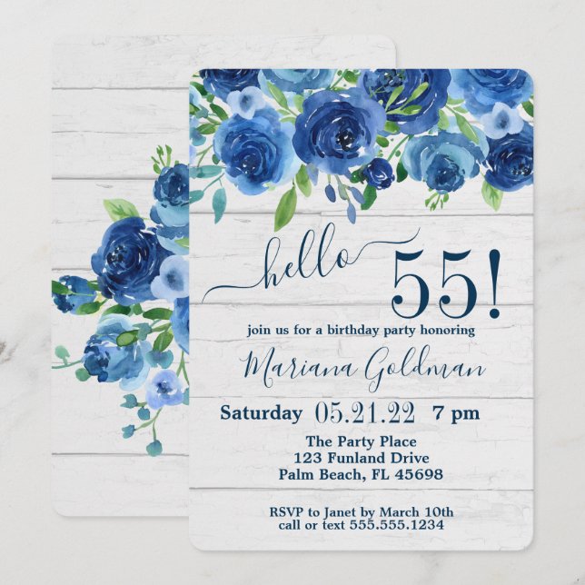 Navy Blue Floral Rustic 55th Birthday Party Invitation (Front/Back)