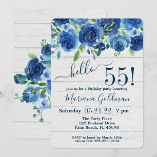 Navy Blue Floral Rustic 55th Birthday Party Invitation