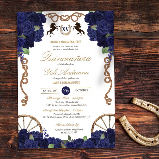 Navy Blue Floral Rustic Charra Quinceanera Invitation (Creator Uploaded)