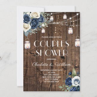 Navy Blue Floral Rustic Couples Shower Invitation