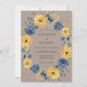 Navy Blue Floral Rustic Wedding Invitation