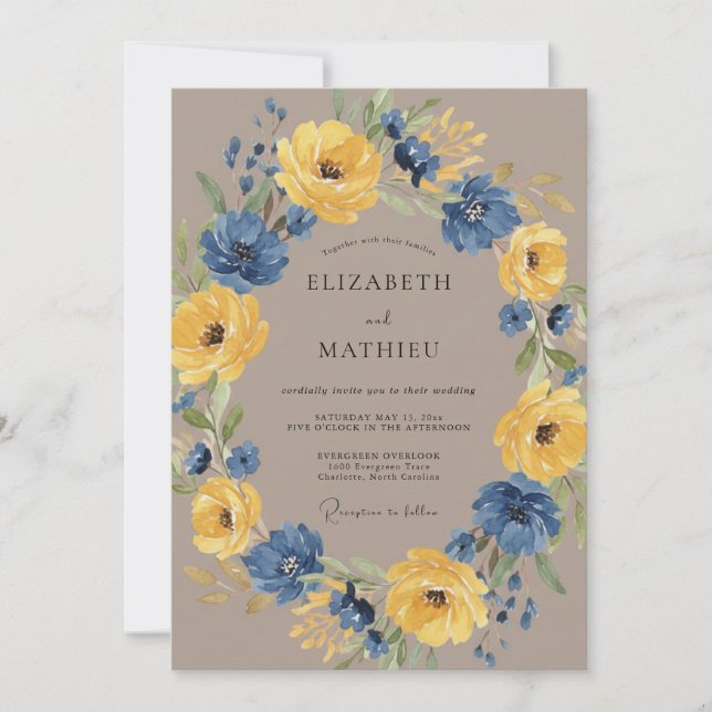 Navy Blue Floral Rustic Wedding Invitation (Front)