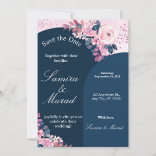 Navy Blue Floral Save the Date Wedding Invitation