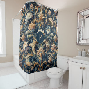Navy blue floral shower curtain