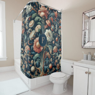 Navy blue floral shower curtain