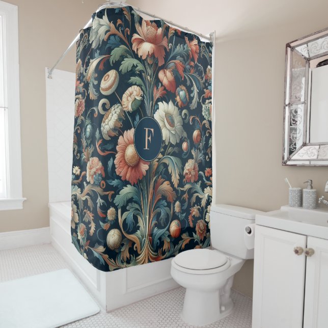 Navy blue floral shower curtain (In Situ)