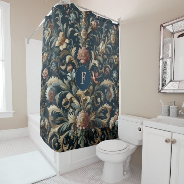 Navy blue floral shower curtain (In Situ)