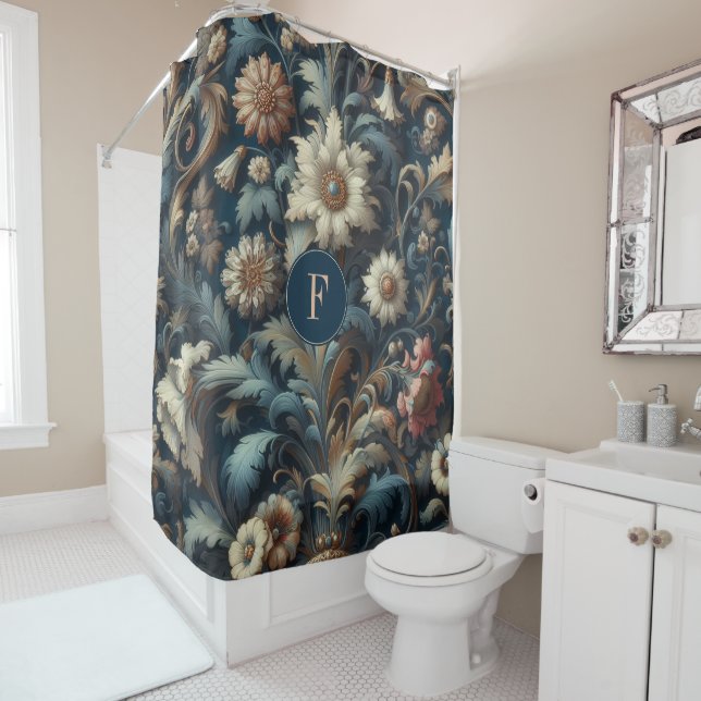 Navy blue floral shower curtain (In Situ)