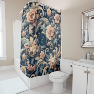 Navy blue floral shower curtain