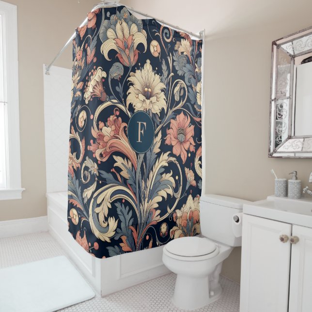 Navy blue floral shower curtain (In Situ)