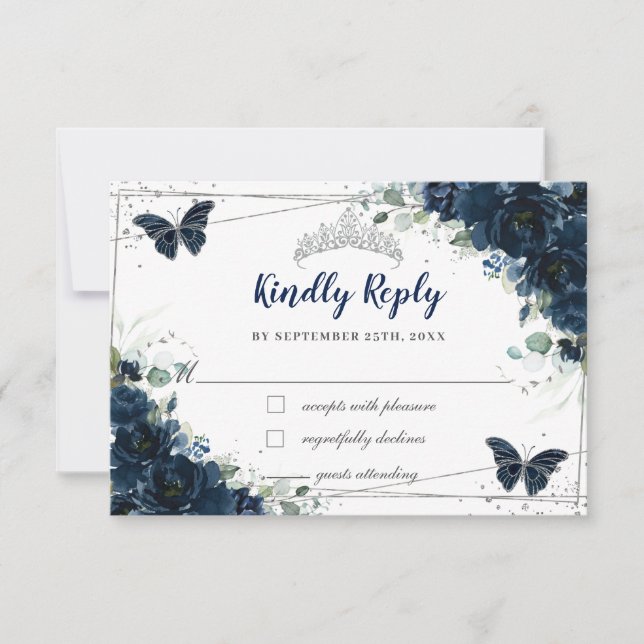 Navy Blue Floral Silver Butterflies Quinceañera RSVP Card (Front)