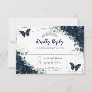 Navy Blue Floral Silver Butterflies Quinceañera RSVP Card