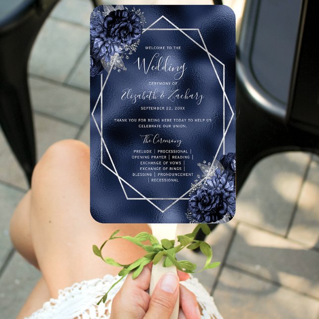 Navy Blue Floral Silver Foil Wedding Program Hand Fan (Creator Uploaded)