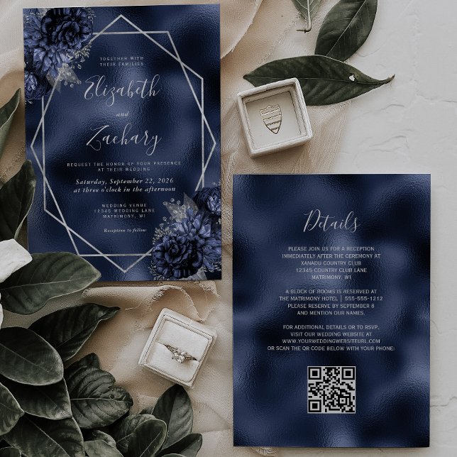 Navy Blue Floral Silver Frame QR Code Wedding Invitation (Creator Uploaded)