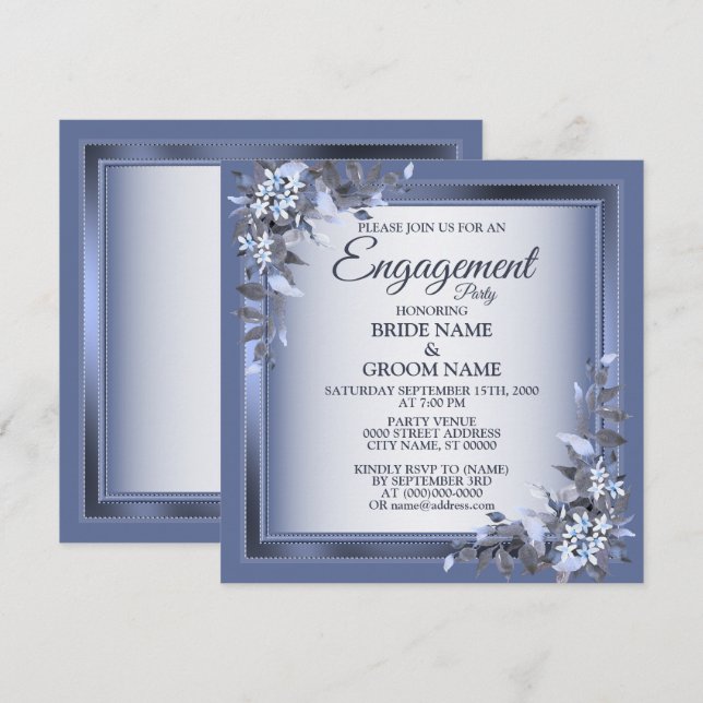 Navy Blue Floral Silver Grey Engagement Party Invitation (Front/Back)