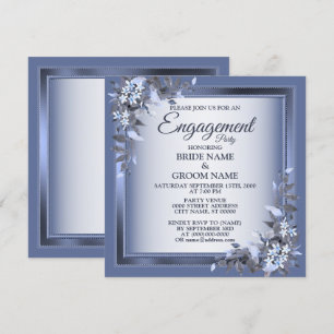 Navy Blue Floral Silver Grey Engagement Party Invitation