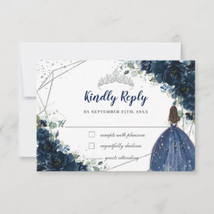 Navy Blue Floral Silver Princess Quinceañera Reply RSVP Card