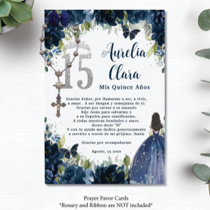 Navy Blue Floral Silver Quinceañera 15 Prayer Card