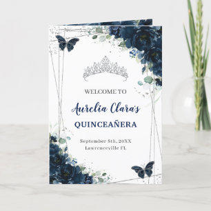Navy Blue Floral Silver Quinceañera Order of Event Programme