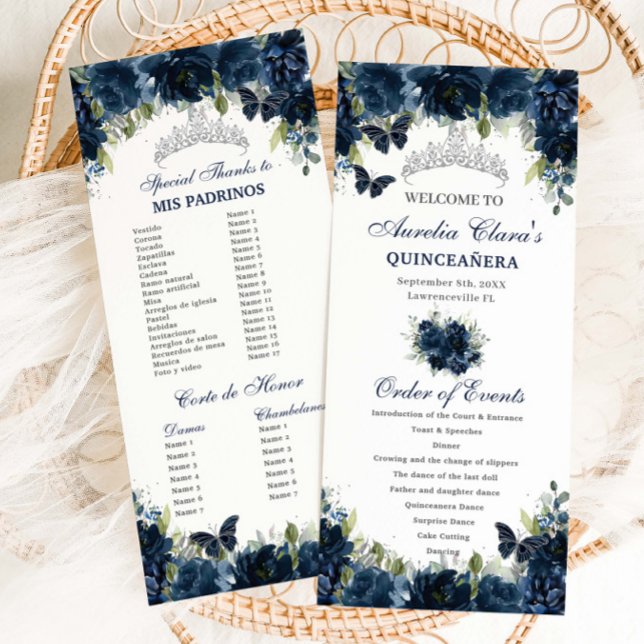 Navy Blue Floral Silver Quinceañera Order of Event Programme (navy-blue-floral-silver-butterflies-quinceanera-sweet-16-birthday-slim-program-order-events-cards)