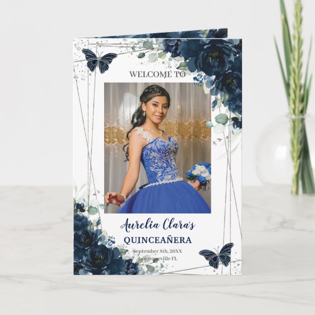 Navy Blue Floral Silver Quinceañera Order of Event Programme (Front)
