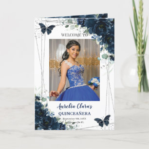 Navy Blue Floral Silver Quinceañera Order of Event Programme