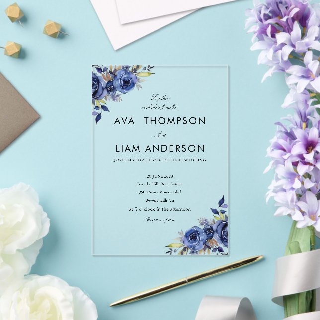 Navy Blue Floral simple Acrylic Wedding Invitation (Insitu (Wedding))