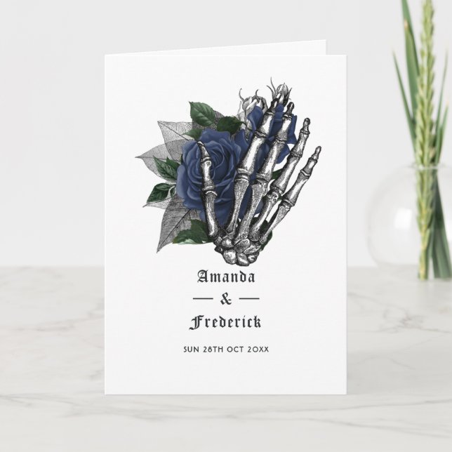 Navy Blue Floral Skeleton Gothic Wedding Programme (Front)