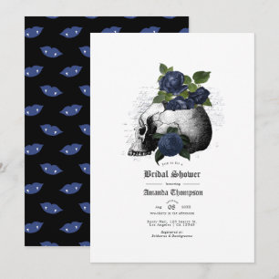 Navy Blue Floral Skull Gothic Bridal Shower Invita Invitation