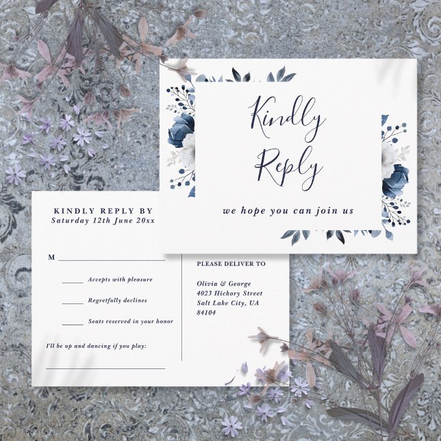 Navy Blue Floral Song Request RSVP Postcard (Navy Blue Floral Song Request RSVP Postcard)