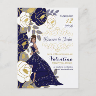 Navy Blue Floral Spanish Quincanera Save the Date Announcement Postcard