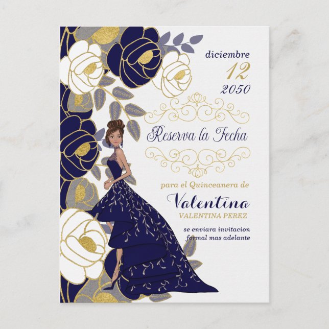 Navy Blue Floral Spanish Quincanera Save the Date Announcement Postcard (Front)