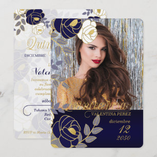 Navy Blue Floral Spanish Quinceanera with Photo Invitation