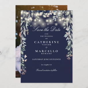 Navy Blue Floral String Lights Photo Wedding Save The Date