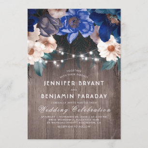 Navy Blue Floral String Lights Rustic Fall Wedding Invitation