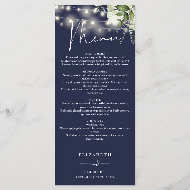 Navy Blue Floral String Lights Wedding Dinner Menu (Front)
