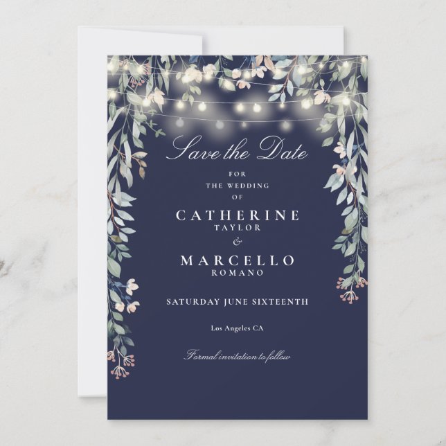 Navy Blue Floral String Lights Wedding Save The Date (Front)