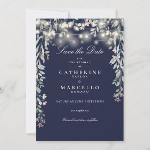 Navy Blue Floral String Lights Wedding Save The Date