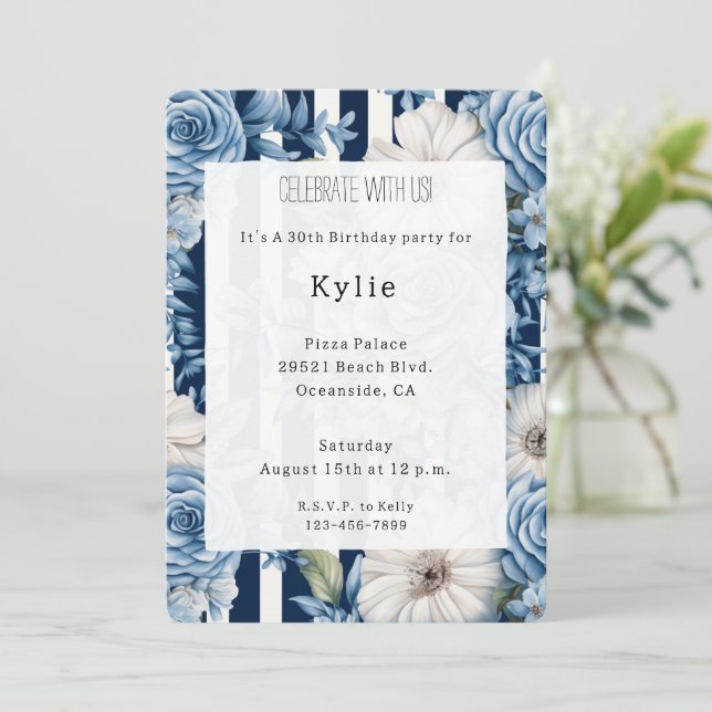 Navy Blue Floral Stripes Birthday   Invitation (Standing Front)
