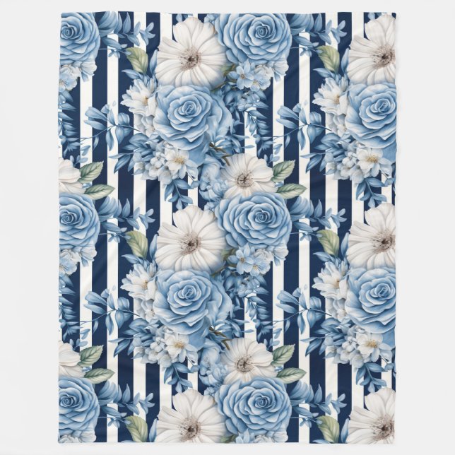 Navy Blue Floral Stripes Bridal Shower Fleece Blanket (Front)