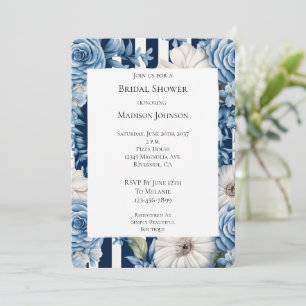 Navy Blue Floral Stripes Bridal Shower Invitation