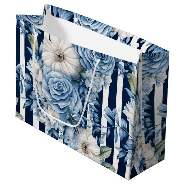 Navy Blue Floral Stripes Bridal Shower Large Gift Bag (Front Angled)