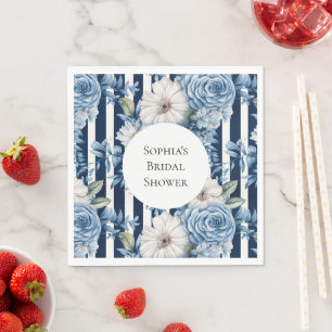 Navy Blue Floral Stripes Bridal Shower Napkin