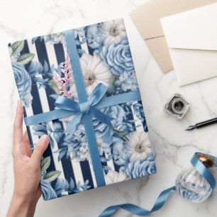Navy Blue Floral Stripes Bridal Shower Wrapping Paper
